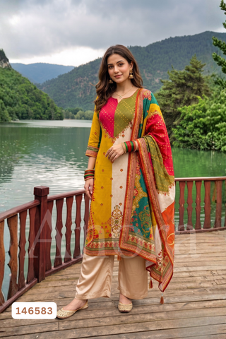 Elegant Multicolor Silk Kurti, Palazzo & Dupatta Set with Colorblock Yoke & Printed Border