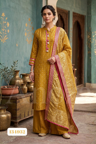 Mustard Yellow Dola Jacquard Kurti with Palazzos and Contrast Border Dupatta