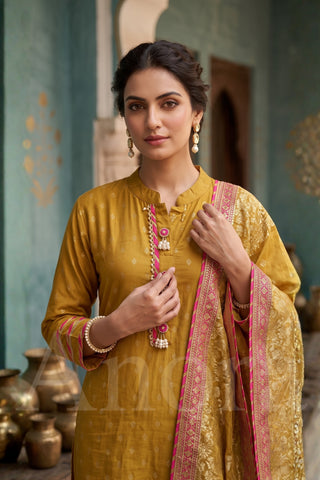 Mustard Yellow Dola Jacquard Kurti with Palazzos and Contrast Border Dupatta