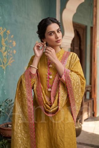Mustard Yellow Dola Jacquard Kurti with Palazzos and Contrast Border Dupatta