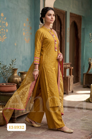 Mustard Yellow Dola Jacquard Kurti with Palazzos and Contrast Border Dupatta