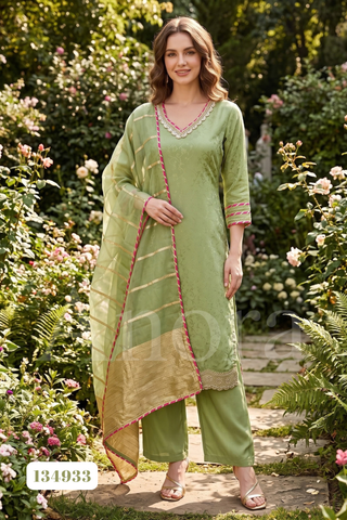 Elegant Sage Green Tissue Palazzo Set with Embellished Neckline & Dupatta