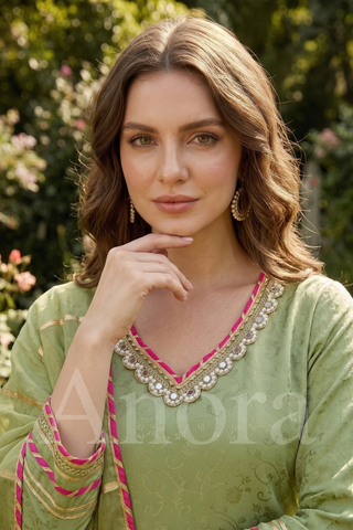 Elegant Sage Green Tissue Palazzo Set with Embellished Neckline & Dupatta
