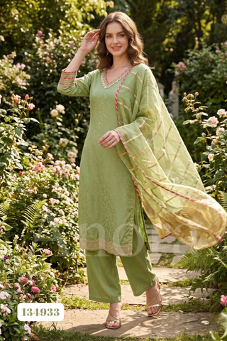 Elegant Sage Green Tissue Palazzo Set with Embellished Neckline & Dupatta