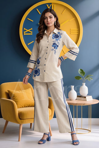 Classic Beige Button-Down Set with Blue Botanical Embroidery
