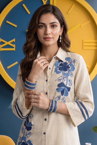 Classic Beige Button-Down Set with Blue Botanical Embroidery