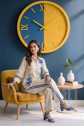 Classic Beige Button-Down Set with Blue Botanical Embroidery
