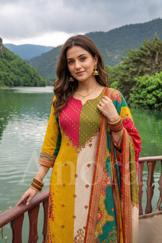 Elegant Multicolor Silk Kurti, Palazzo & Dupatta Set with Colorblock Yoke & Printed Border
