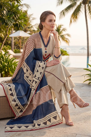 Beige Geometric V-Neck Kurta Set with Contrasting Dupatta