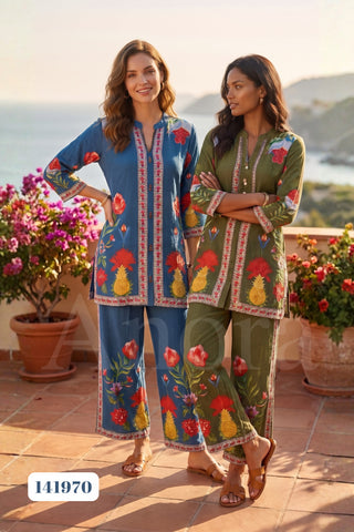 Chic Tropical Pineapple & Floral Print Cotton Co-Ord Set