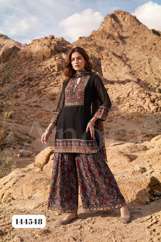 Black Viscose Georgette Straight Kurti with Printed Palazzo