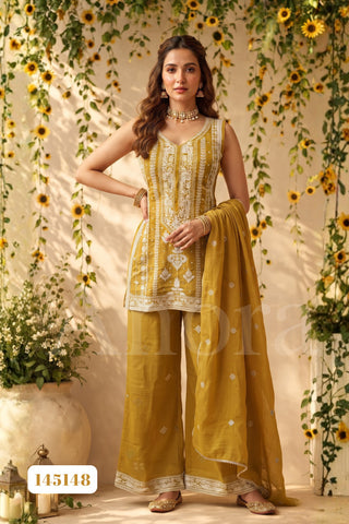 Mustard Yellow Mul Chanderi Embroidered Kurti with Palazzo