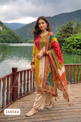 Elegant Multicolor Silk Kurti, Palazzo & Dupatta Set with Colorblock Yoke & Printed Border