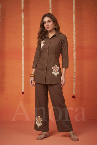 Rich Brown Embroidered Cotton Flex Cord Set