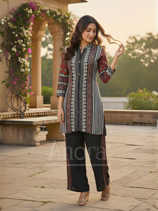 Buy Women black Printed Silk Coord Set