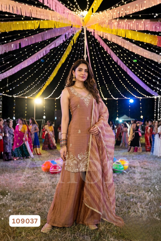 Elegant Dusty Rose Brown Tissue Sleeveless Kurti, Palazzo & Dupatta Set with Embellished Neckline & Hemline