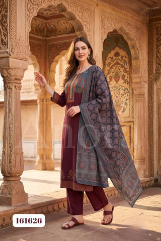 Maroon Cotton Straight Kurti with Parallel Pants and Printed Dupatta