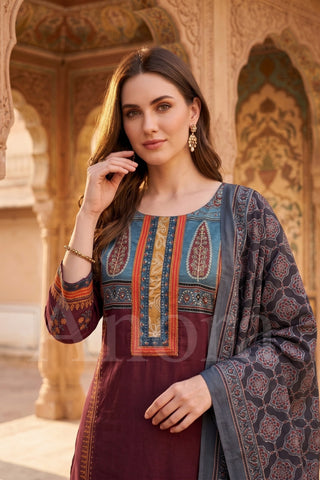 Maroon Cotton Straight Kurti with Parallel Pants and Printed Dupatta
