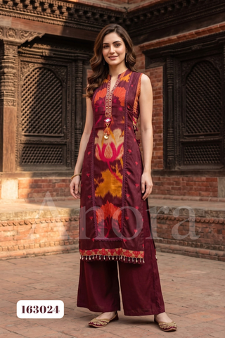 Elegant Wine Russian Silk Printed Palazzo Set