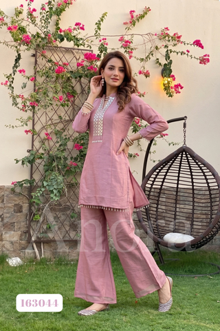 Elegant Dusty Pink Simar Two-Piece Kurta Palazzo Set with Mirror Work