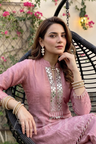 Elegant Dusty Pink Simar Two-Piece Kurta Palazzo Set with Mirror Work