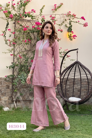 Elegant Dusty Pink Simar Two-Piece Kurta Palazzo Set with Mirror Work