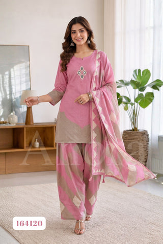 Pink & Taupe Cotton Straight Kurti with Farshi Pants and Geometric Print Dupatta