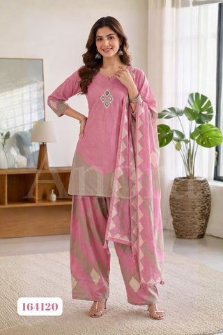 Pink & Taupe Cotton Straight Kurti with Farshi Pants and Geometric Print Dupatta