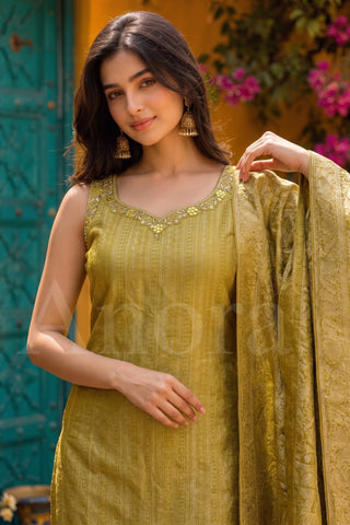 Olive Green Jacquard Work Sleeveless Straight Kurti with Palazzo set