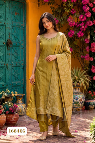 Olive Green Jacquard Work Sleeveless Straight Kurti with Palazzo set