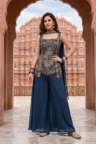 Anora Midnight Blue Indo-Western Palazzo Set with Gold Motif Top