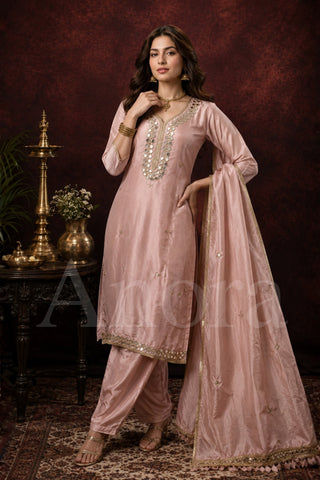 Elegant Blush Pink Tissue Kurta Set with Heavy Mirror Work