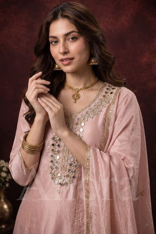 Elegant Blush Pink Tissue Kurta Set with Heavy Mirror Work
