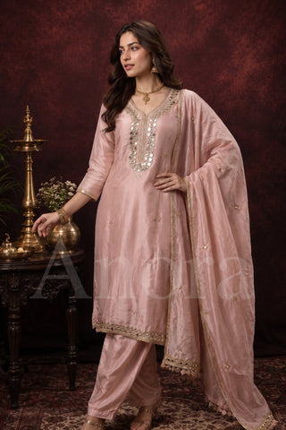 Elegant Blush Pink Tissue Kurta Set with Heavy Mirror Work