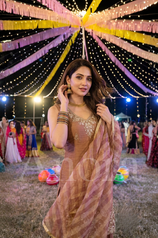 Elegant Dusty Rose Brown Tissue Sleeveless Kurti, Palazzo & Dupatta Set with Embellished Neckline & Hemline
