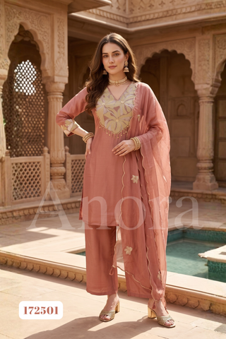 Elegant Dusty Rose Tissue Palazzo Set with Floral Embroidery & Dupatta