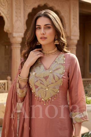Elegant Dusty Rose Tissue Palazzo Set with Floral Embroidery & Dupatta