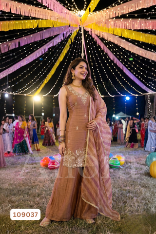 Elegant Dusty Rose Brown Tissue Sleeveless Kurti, Palazzo & Dupatta Set with Embellished Neckline & Hemline