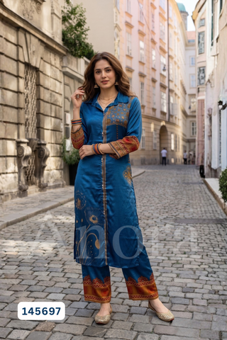 Elegant Royal Blue Gajji Silk Collared Kurti & Printed Pant Two-Piece Set with Ajrakh-Inspired Yoke