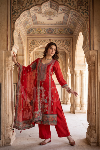 Crimson Red Embroidered Kurta Set with Floral Dupatta