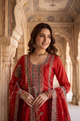 Crimson Red Embroidered Kurta Set with Floral Dupatta
