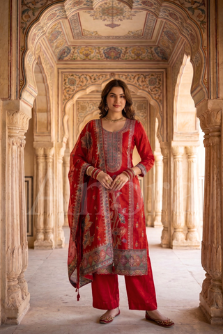 Crimson Red Embroidered Kurta Set with Floral Dupatta