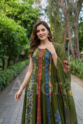 Elegant Olive Green Silk Flair Sleeveless Kurti, Palazzo & Dupatta Palazzo Set with Printed Panels & Mirror Work