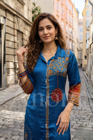 Elegant Royal Blue Gajji Silk Collared Kurti & Printed Pant Two-Piece Set with Ajrakh-Inspired Yoke