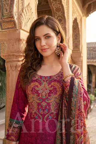 Elegant Wine Crepe Paisley Print Palazzo Set with Dupatta