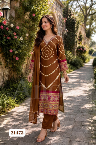 Elegant Brown Gajji Silk Tie-Dye Palazzo Set with Dupatta