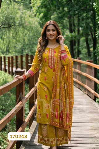 Elegant Mustard Yellow Cotton Flair Kurti, Palazzo & Dupatta Set with Printed Motifs & Embroidered Yoke