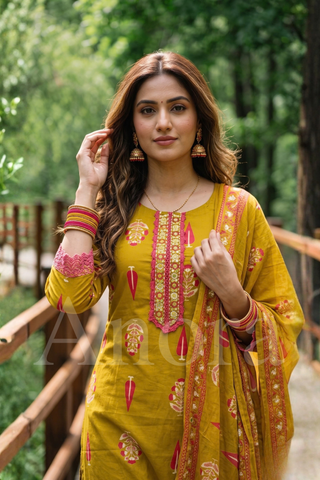 Elegant Mustard Yellow Cotton Flair Kurti, Palazzo & Dupatta Set with Printed Motifs & Embroidered Yoke