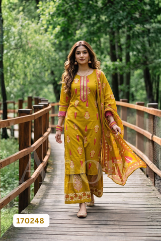 Elegant Mustard Yellow Cotton Flair Kurti, Palazzo & Dupatta Set with Printed Motifs & Embroidered Yoke