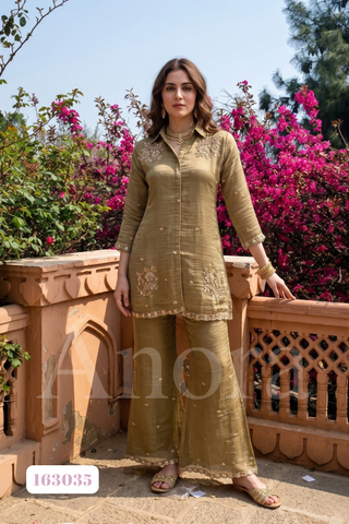 Elegant Olive Gold Salsa two piece Set with Embellished Collar Kurti & Flared Palazzo